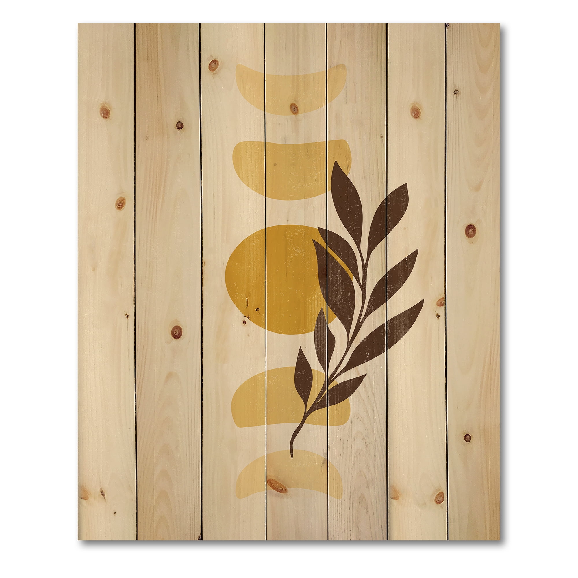 Designart 'Abstract Geometrical Moon and Sun With Leaf VII' Modern Print on Natural Pine Wood