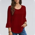 thumbnail image 4 of ZACPNCV Womens Solid Crew Neck 3/4 Sleeve Linen Top Flounced Sleeve Detail Casual Loose Fit Blouse Romantic Style, 4 of 9