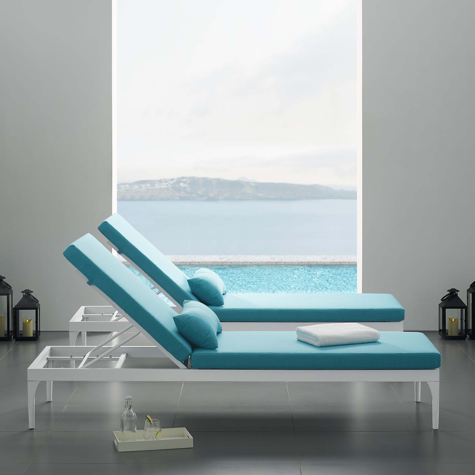 Modern Contemporary Urban Design Outdoor Patio Balcony Garden Furniture Lounge Chair Chaise, Fabric Metal Steel, White Blue - image 2 of 7