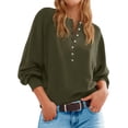 thumbnail image 2 of Women'S Button Crew Neck Sweater Fall Long Sleeve Henley Shirts Trendy Loose Knit Pullover Tops Army Green M, 2 of 8
