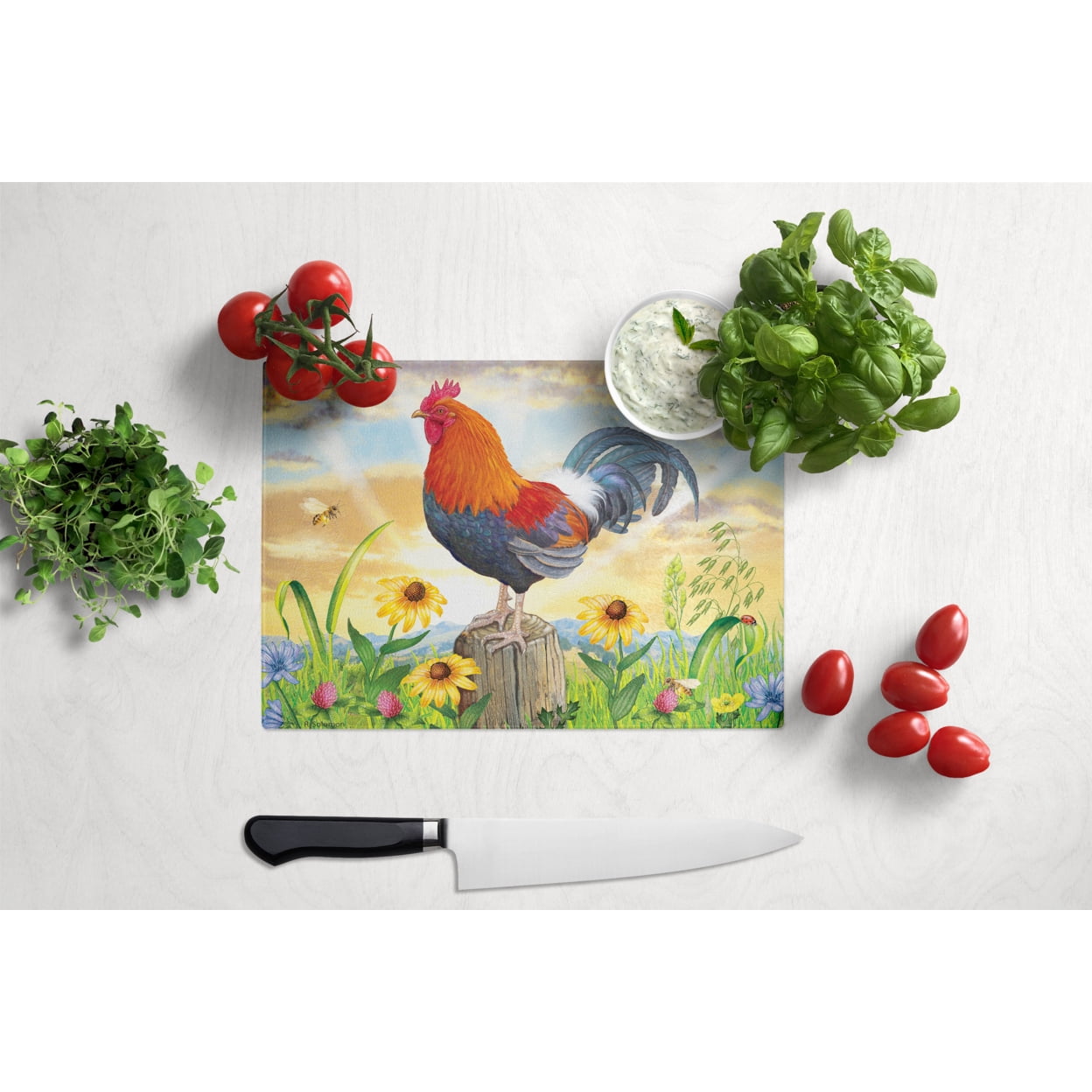 Carolines Treasures PRS4038LCB Rooster At Dawn Glass Cutting Board Large, 12H x 16W, multicolor