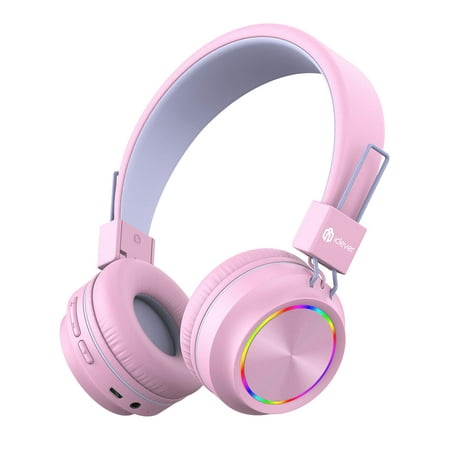 iClever BTH03 Kids Wireless Headphones, Colorful LED Lights Kids Headphones with MIC, 25H Playtime, Stereo Sound, Bluetooth 5.0, Foldable, Childrens Headphones on Ear for Study Tablet Airplane, Pink
