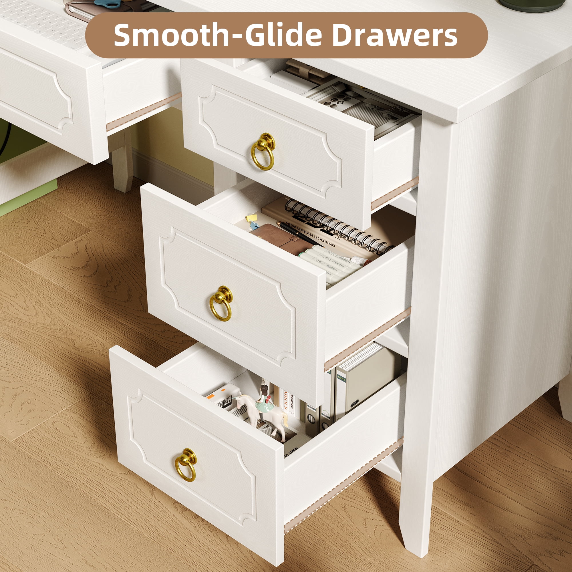 DreamCurship White Desk with 4 Drawers, Computer Desk with Storage, Home Office Desk for Small Spaces, Modern Makeup Vanity Dressing Desk, White