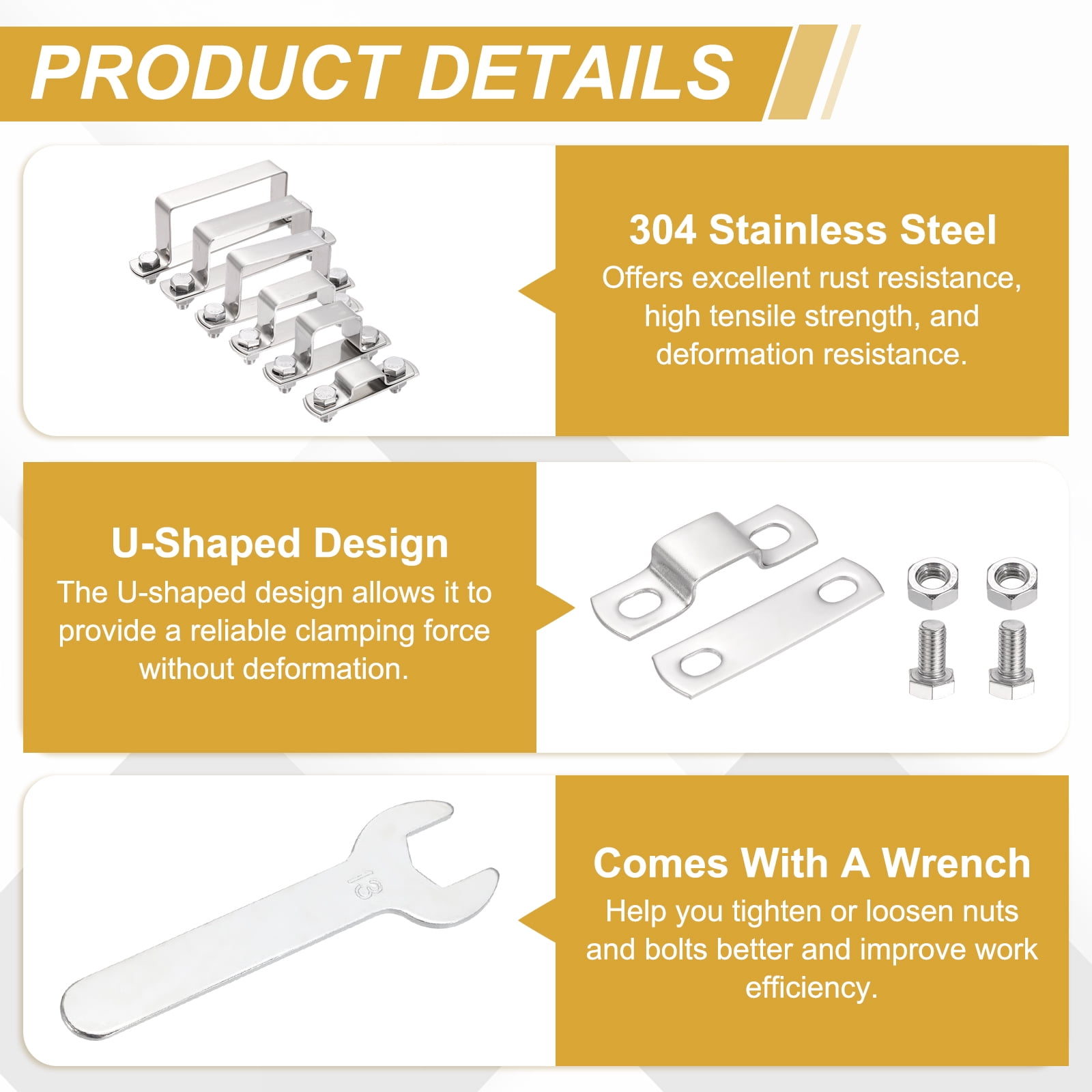 Uxcell 2Pcs U Shape Square Tube Clamp, 120x120mm U Shaped Bracket 304 Stainless Steel Square Strap Clamp with Bolt Plate Nuts and Wrench for Pipes Door Closed Bar Holder Railings