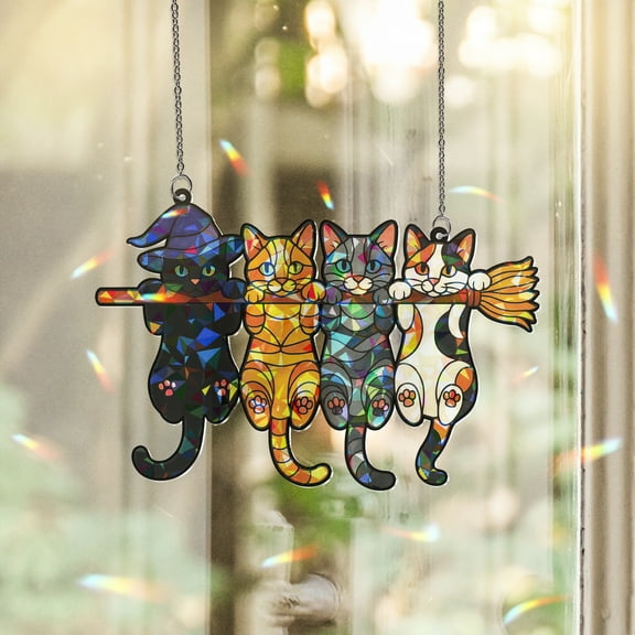 Lotusprinthandmade Halloween Cat Witch Hat Broom Custom Shape Broken Glass Hologram Ornament 3.5in, Halloween Cat Witch Hat Broom Gift Ornament