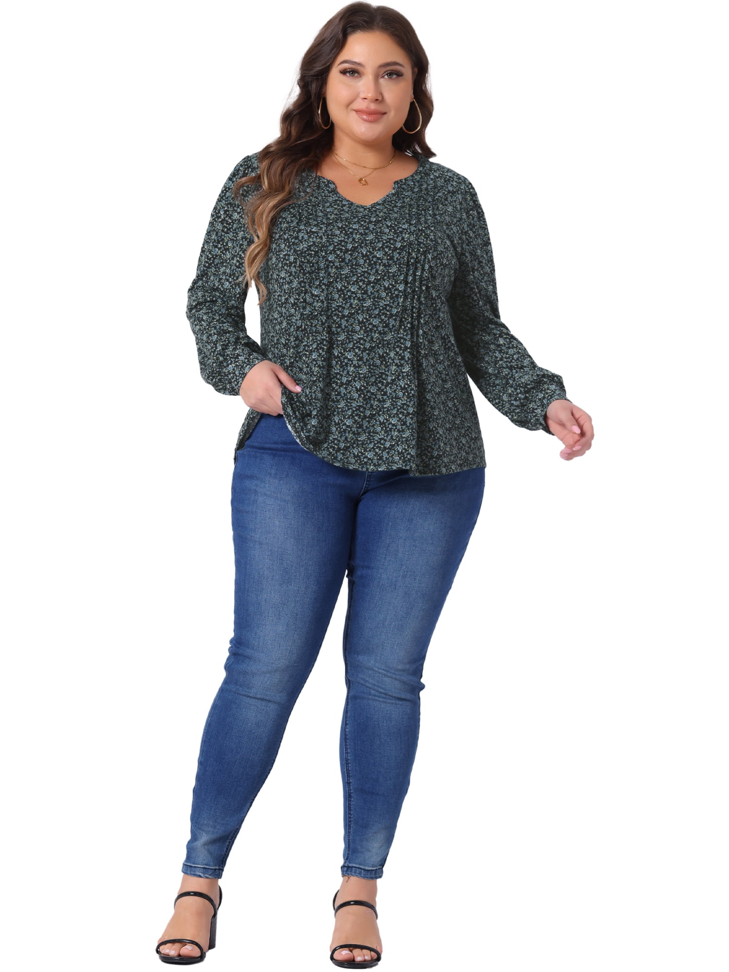 DARING DIVA Women's Plus Pleated Notch V Neck Floral Tunic Blouse 4X Black Blue
