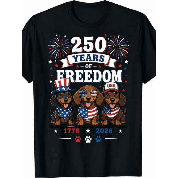 250 Years of Freedom Dachshund Graphic T-Shirt Patriotic Dog 1776-2026 Independence Day Tee