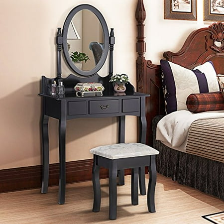 Makeup Vanity Table Set Oval Mirror Wood Dressing Table W Drawer Storage Cushioned Stool For Kids Girls Women Bedroom Furniture