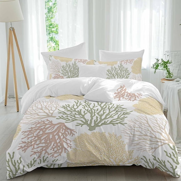 Coastal Ocean Coral Queen Size Comforter Set, Green Yellow Pink Theme Pattern Bedding for All Seasons, 4 Pcs Bed Set, 1Quiltcover (90"x92") ,1Sheet(94"x116"), 2Pillowcases (30"x20")