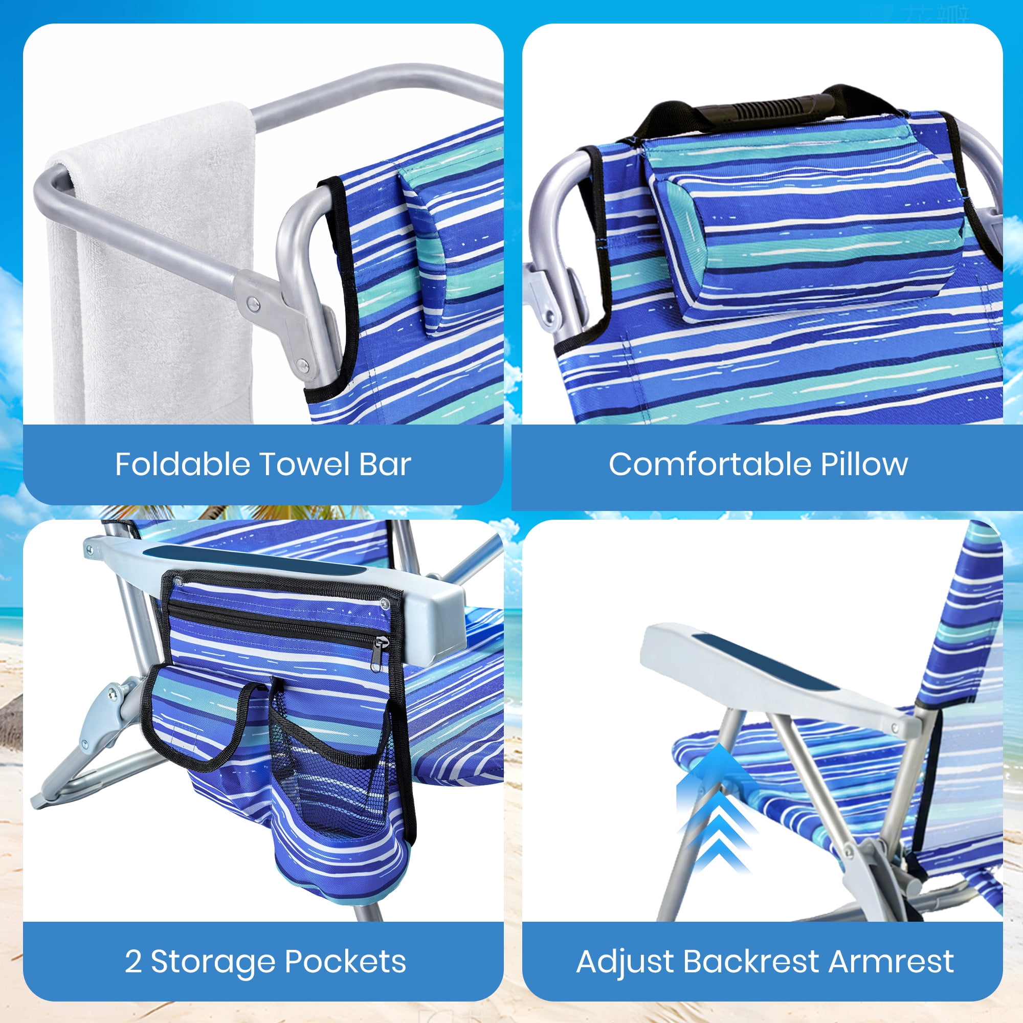 GVDV Backpack Beach Chair Set of 2, Portable Folding Beach Chair with Cup Holder and Towel Bars, 4-Position Adjustable Reclining Chair for Beach, Camp, Outdoor