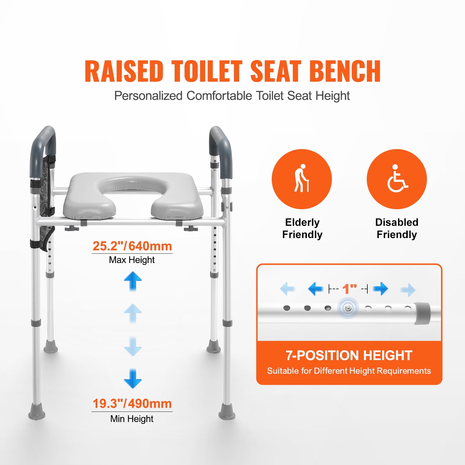 KFFKFF Raised Toilet Seat, Adjustable Height from 19.3" to 25.2", Supports up to 350lbs, Featuring Comfort Cushioned Aluminum Frame, Universal Toilet Seat Booster, Suitable for Seniors, Disabled