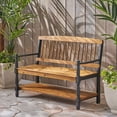 thumbnail image 3 of GZXS 51-Inch Acacia Wood Bench with Storage Shelf, Rustic Farmhouse Accent Seating with Hand-Carved Details, Teak with Black Arms, Easy Assembly, 3 of 10