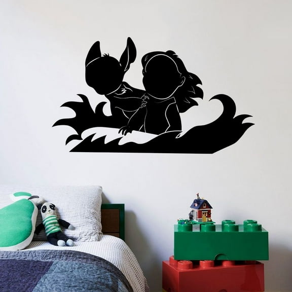 Lilo And Stitch Movie Animation Disney Lilo and Stitch Cute Happy Playing Silhouette Disney Wall Sticker Vinyl Decal Home Decor Room Living Room Bedroom Decoration Sticker Decal Size (10x10 inch)