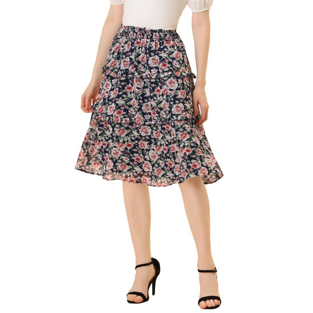 Unique Bargains Jupe Midi à Volants Superposés à Imprimé Floral pour Femme, Bleu Foncé, S