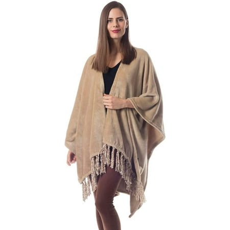 UPC: 0717471907300 | Gift for Mom Fleece Wearable Throw Poncho – Throw Blanket Fringed Wrap – Fleece Cape – Gavotte Home (Beige)