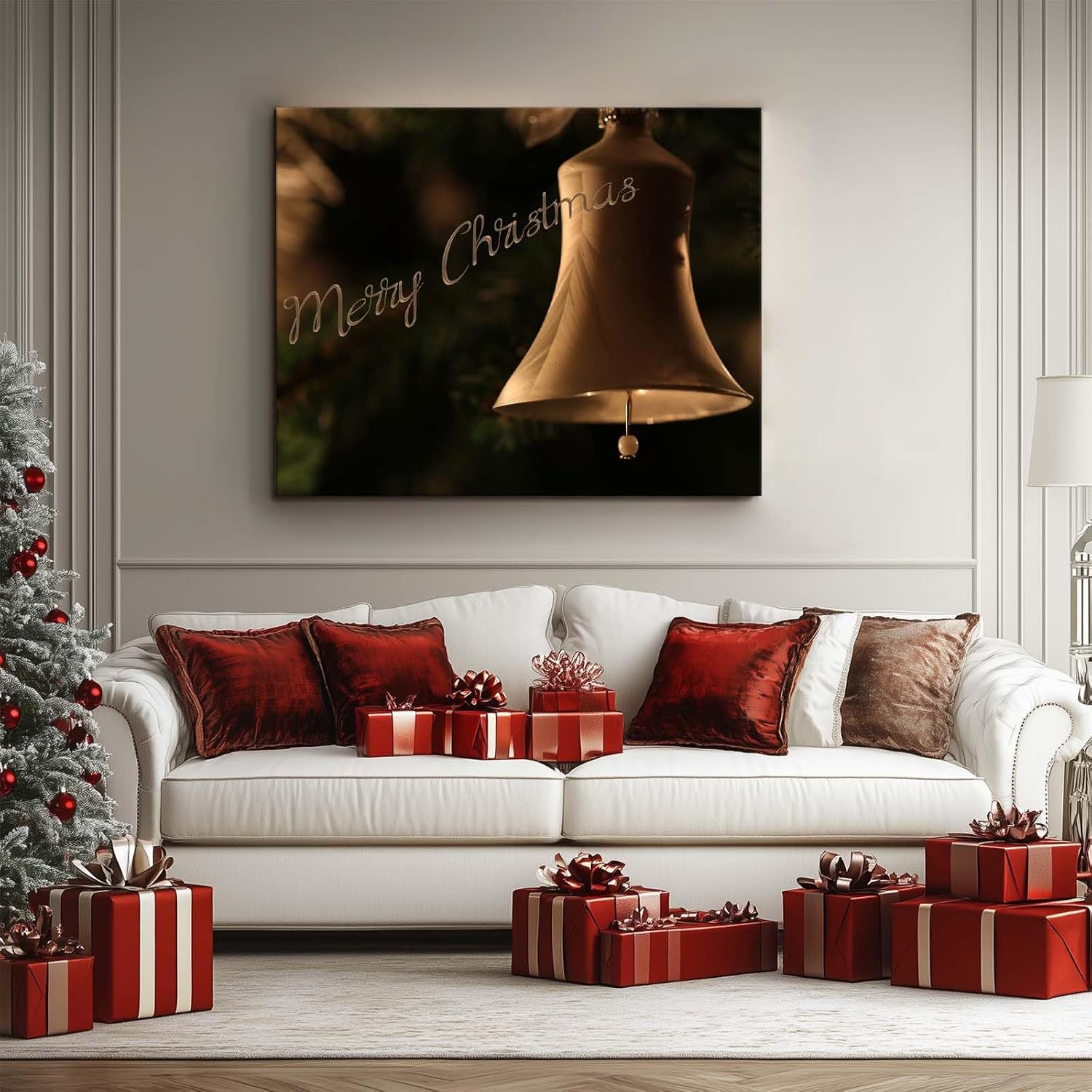 Christmas canvas wall art decor, Festive Merry Christmas Canvas Print, Elegant Holiday Decor for Living Room, Christmas Decorations with Warm Lighting, Ready to Hang Holiday Wall Décor 24X30inch