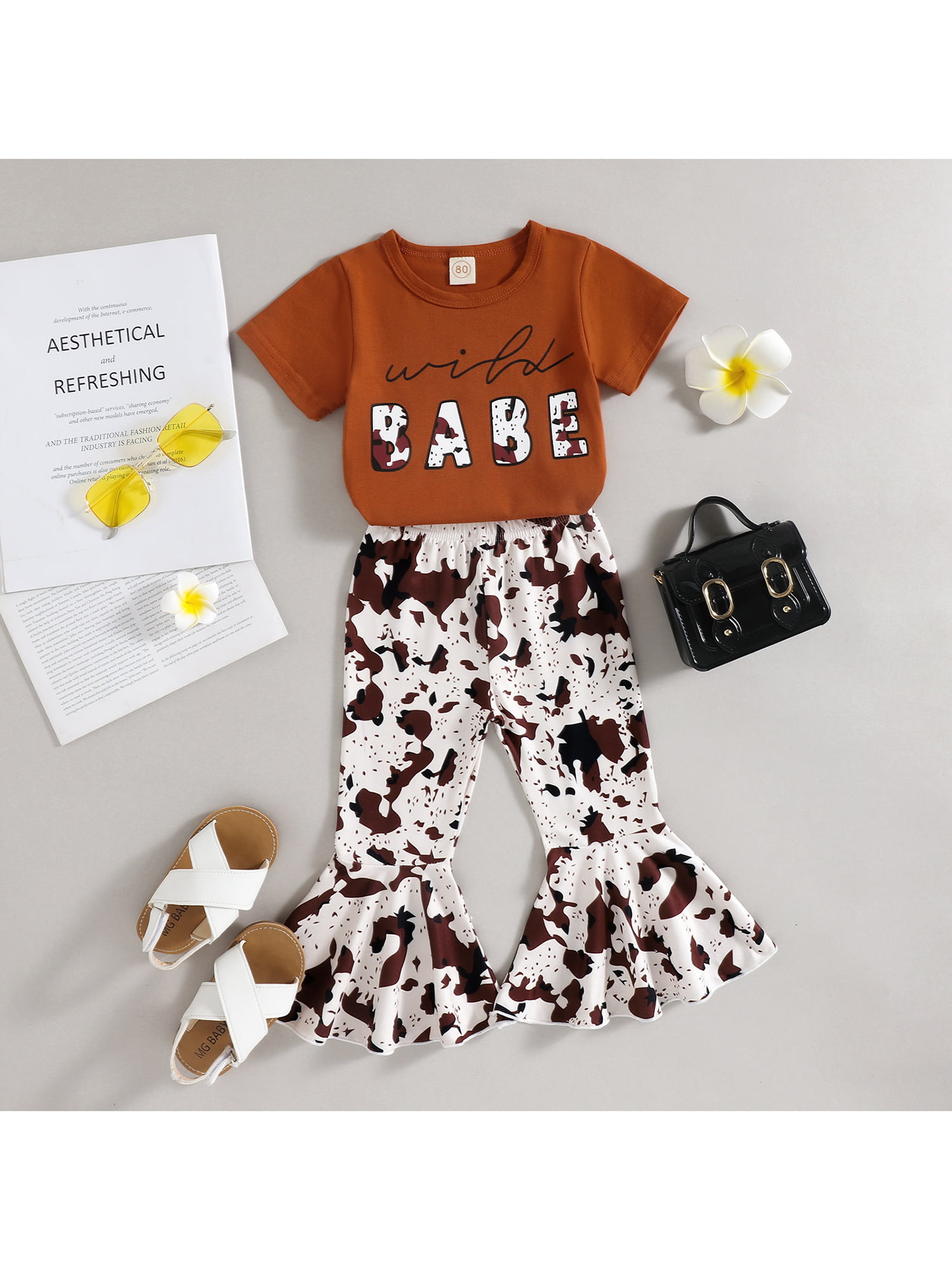 ZHAGHMIN Girls Clothes 8-10 Years Old Toddler Girls Winter Long Sleeve  Monogrammed Tops Brown Cow Print Bell Bottoms 2Pcs Set Outfits Sweatpants Teens  Girls Cute Fall Outfits For Teen Girls Staff Fo 