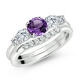 thumbnail image 2 of Gem Stone King 10K White Gold Purple Amethyst and White Lab Grown Diamond 5 Stone Bridal Engagement Wedding Ring Set for Women (0.78 Cttw, Round: 5MM and 3MM, Size 9), 2 of 6