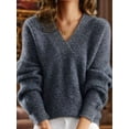 thumbnail image 2 of Female Fall V Neck Sweaters Casual Knit Long Sleeve Loose Fit Pullover Sweater Blouse Grey L, 2 of 3