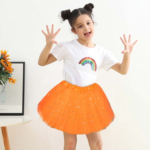 piuwrlz Single Piece Short Skirt for Kid Girls Mesh Yarn Sequin Princess Skirt Bubble Skirt Skirts Solid Color Single Piece Mesh Yarn Skirts Orange Size 3-9Years