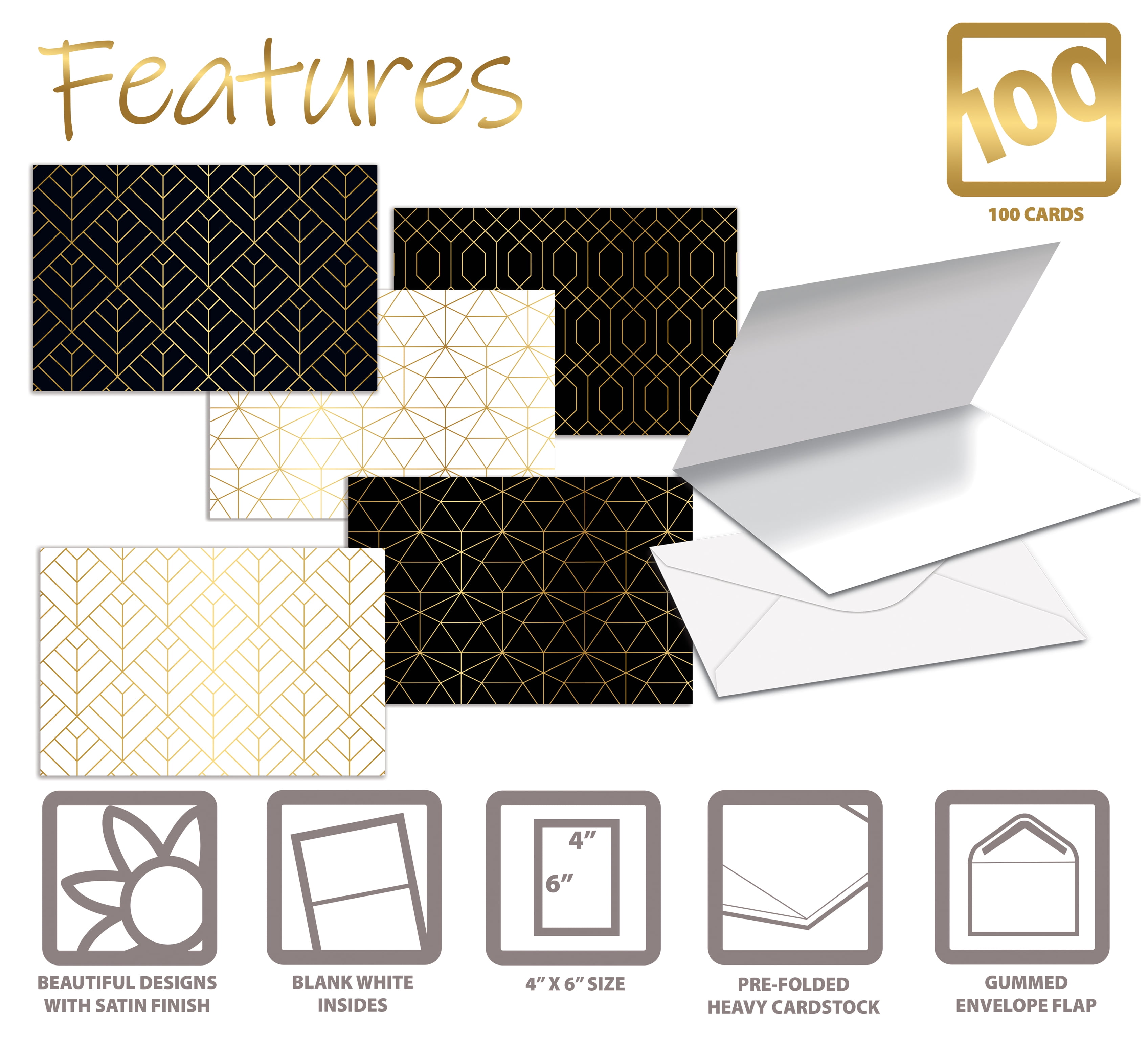 Better Office All Occasion Greeting Cards with Envelopes 4" x 6" Gold Foil Patterns 100/Pack (64558)