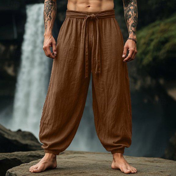 BRELIL Men Plus Size Harem Pants Loose Flowy Boho Lounge Trousers Drawstring Waist Vacation Casual Long Pants Solid Summer Fashion Outfits, Coffee 3XL