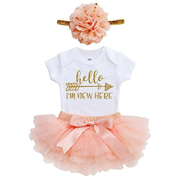 Baby Girl Coming Home Outfit Hello I am New here Bodysuits 3pcs ( ) ( , Peach Short Sleeve)