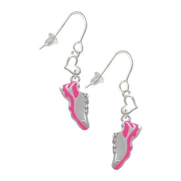 Silvertone Hot Pink Running Shoe Heart French Earrings