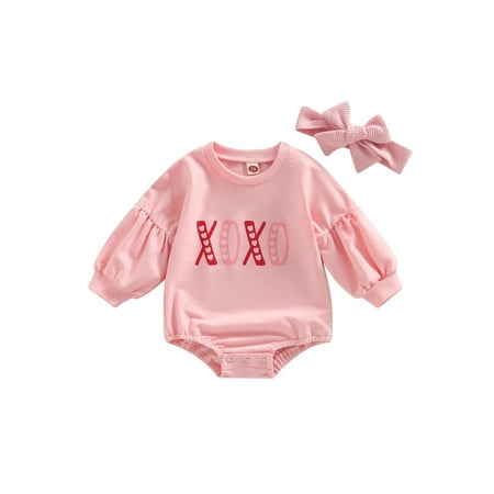 

Musuos Infant Baby Girls Romper Letter/Heart Print Round Neck Long Sleeve Jumpsuits Autumn Winter Casual Bodysuits with Headband