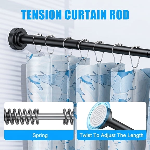 Shower Curtain Rod 32-43 Inch Adjustable Spring Tension Never Rust Anti-slip For Bathroom No Drilling Collapse Easy Black