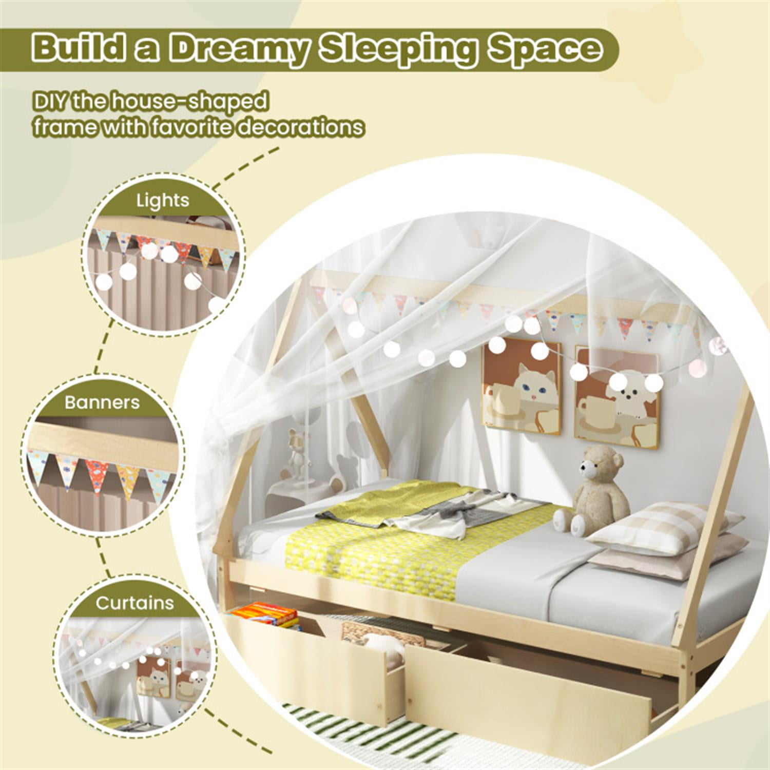 Demi Bonn Twin Size Wooden Tent Platform House Bed Frames with 2 Drawers for Teens, Beige