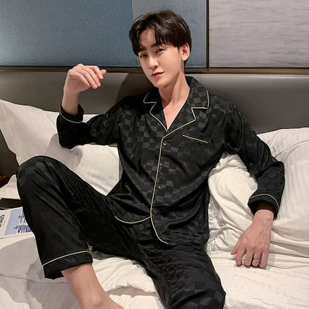 

QWZNDZGR Solid Color Couple Sleepwear Silk Satin Pajama Sets Long Button-Down Pyjamas Home Clothes Pijama Men s Loungewear Plus Size Pjs