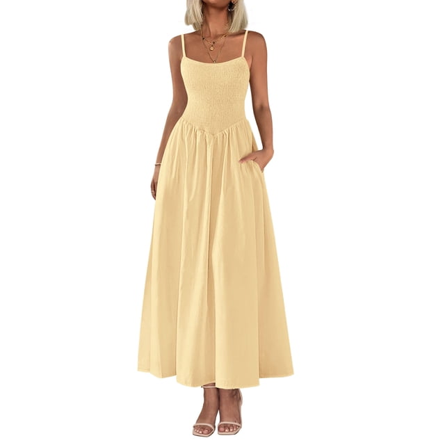 Vestido largo PRETTYGARDEN para mujer, fruncido, verano, playa 2025