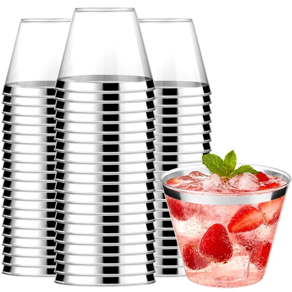 BagDream 75 Pack 9 oz Clear Plastic Cups with Silver Rim, Disposable Plastic Drinking Tumblers, Cocktail Glasses Perfect for Parties, Wedding and Other Events