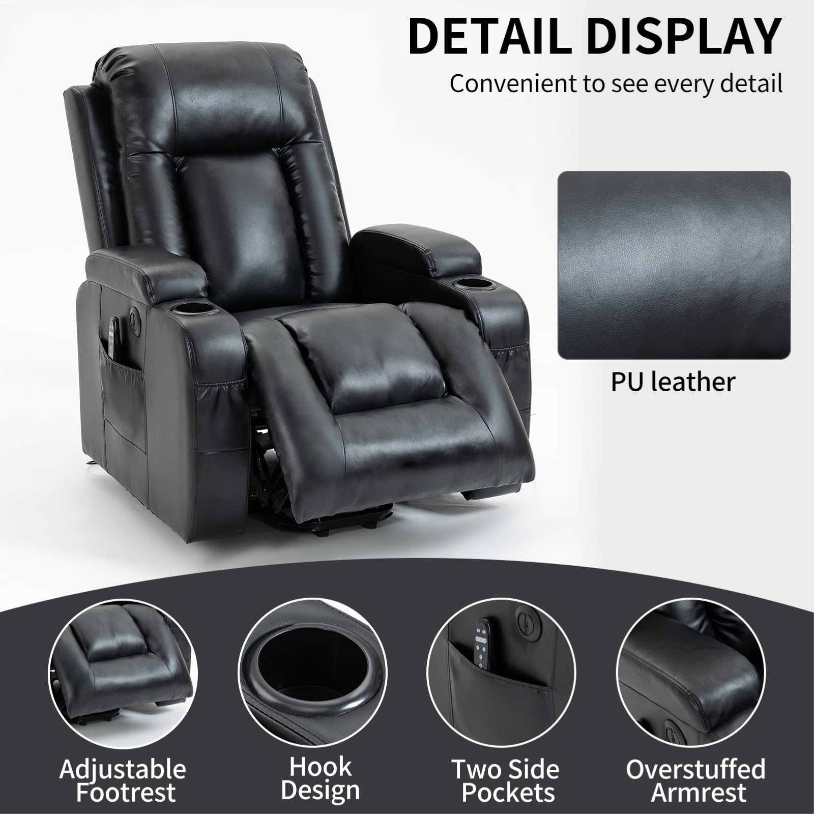 Gewnee Power Lift Recliner Chair,Lift Chair with Heat and Massage,Adjustable PU Leather Recliner with USB,Cup Holders & Side Pockets for Living Room or Bedroom.Black