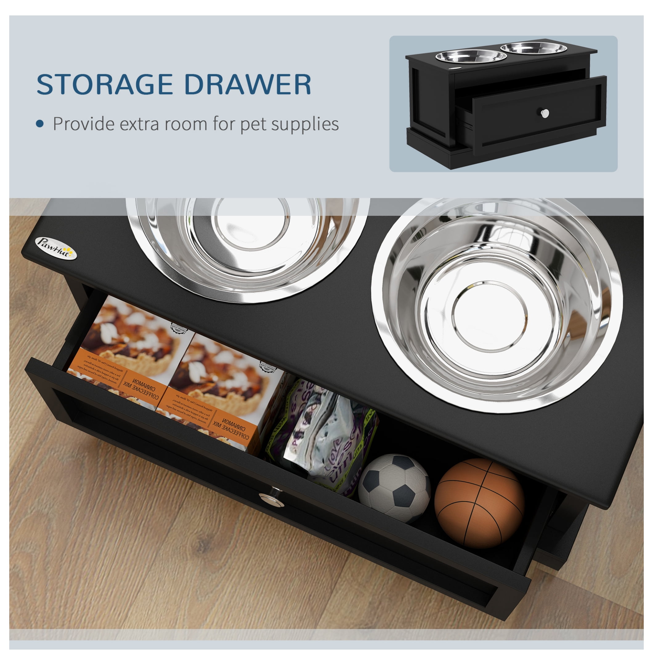 Raised Dog Bowls with Storage, Elevated Dog Feeder Stand, Stainless Steel Pet Bowls, Black - Large Dog Food Station