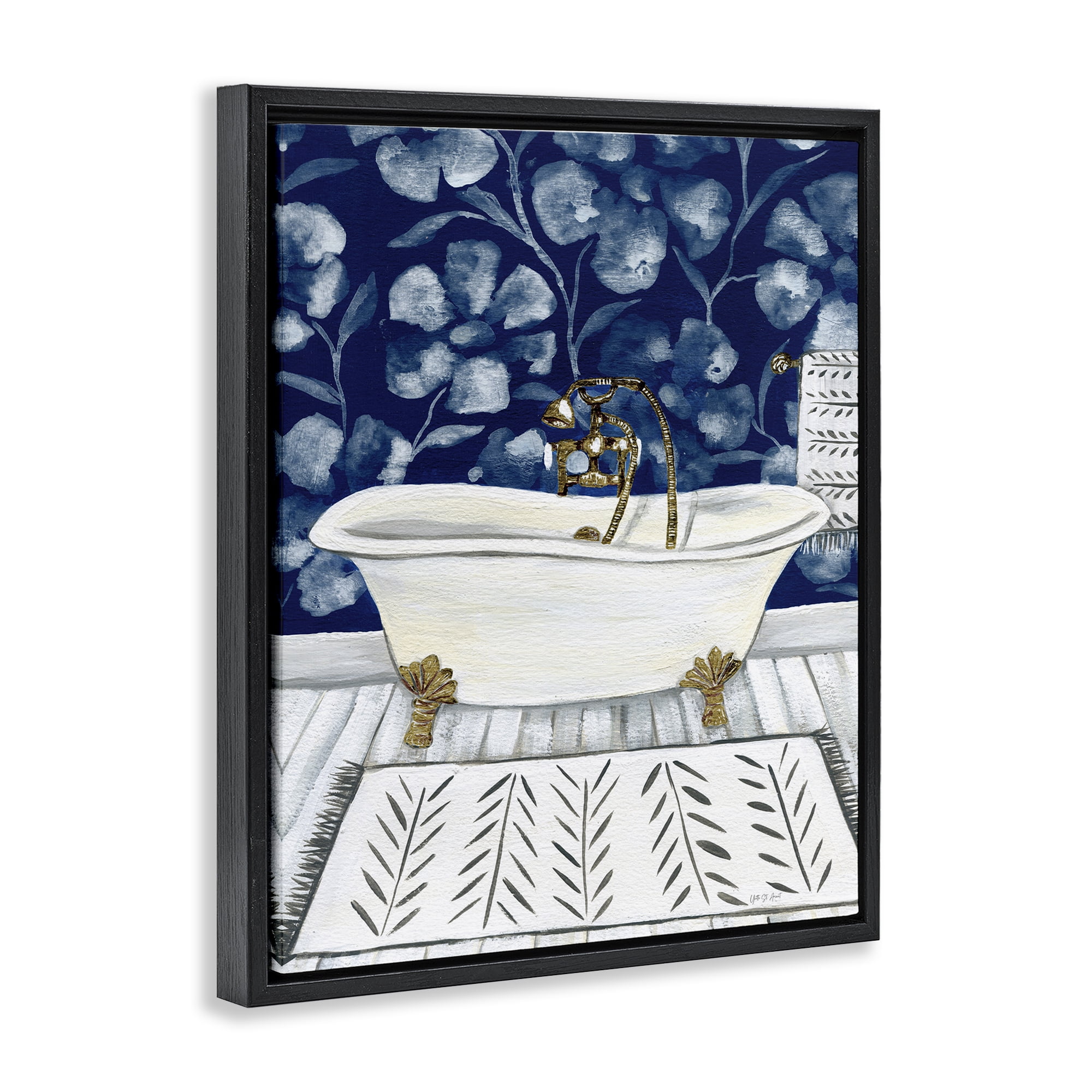 Stupell Industries Bold Blue Bathtub Typography Painting Black Floater Framed Canvas Art Print Wall Art, 17 x 21