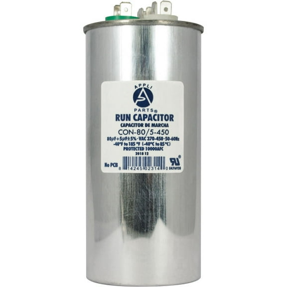 Appli Parts Dual Run Capacitor for ac 80 5 Mfd uF (microfarads) 370VAC or 450VAC CBB65 Round Universal fit for hvac and other applications 5-1/2 in High 2-1/4 in Wide CON-80/5-450