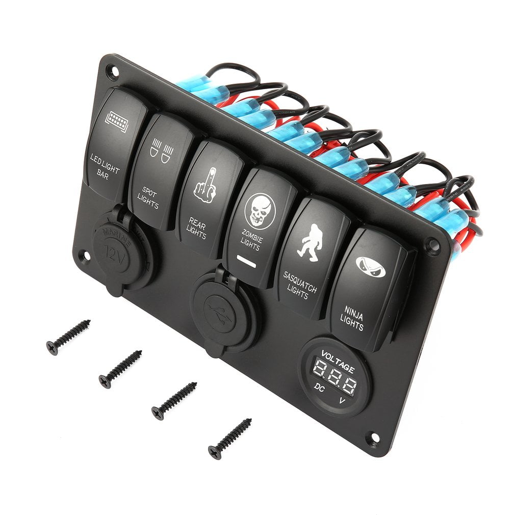 6 Gang RV Car Marine Boat Circuit LED Red Rocker Switch Panel Breaker+Voltmeter