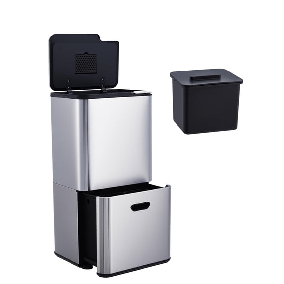 Senfot 16 Gal Dual Trash Can for Kitchen, Silver (33L   28L Compartments)