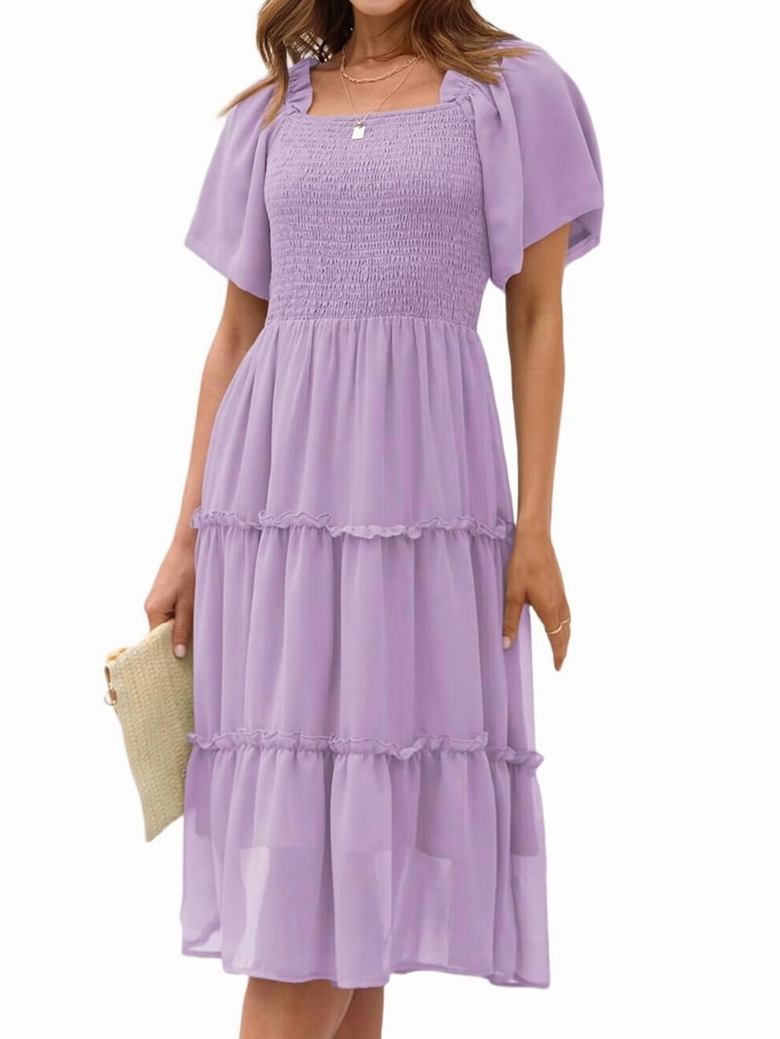 Women'S Summer Casual Flutter Sleeve Square Neck Smocked Midi Dress Light Purple XL