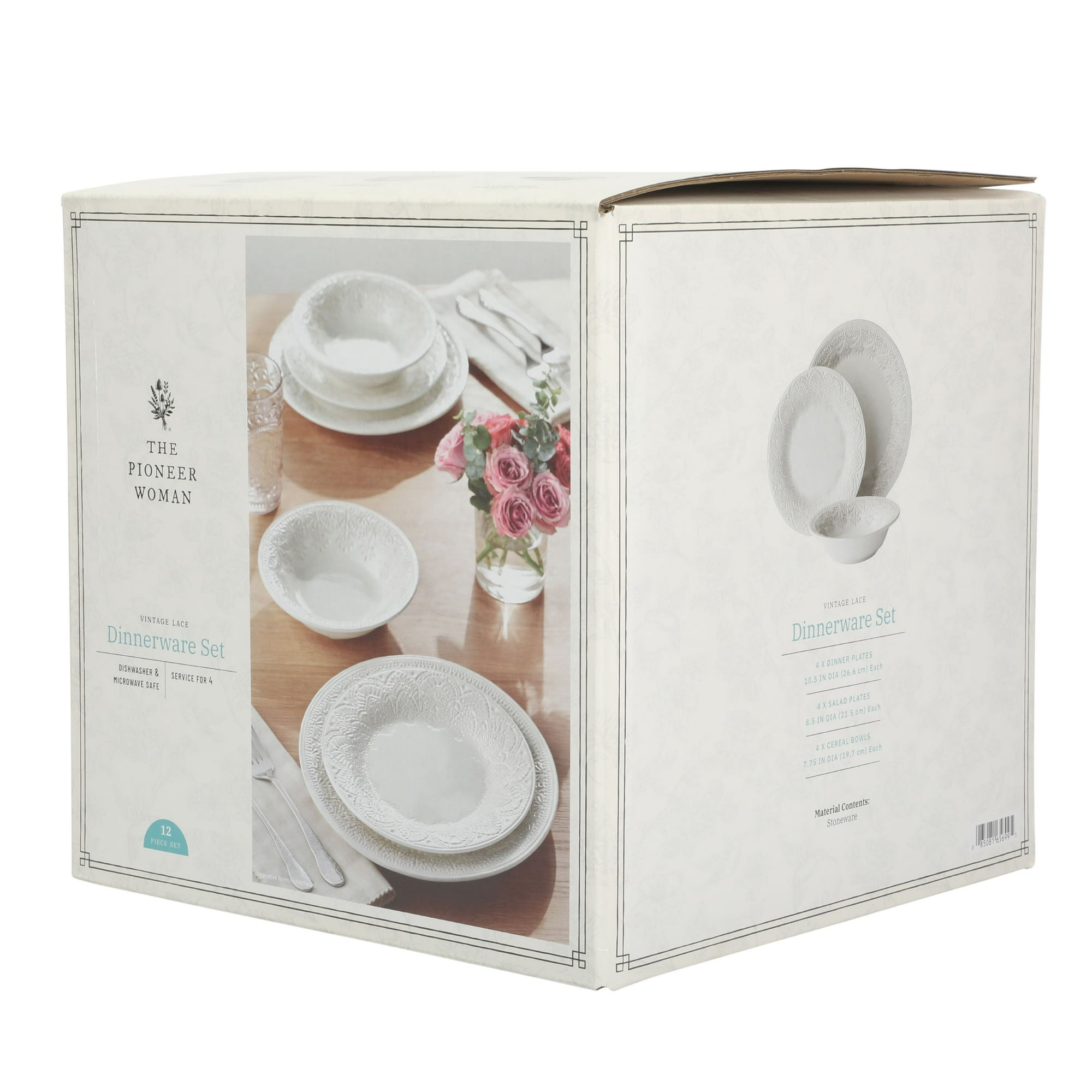 The Pioneer Woman Vintage Lace 12-Piece Ceramic Dinnerware Set, Linen