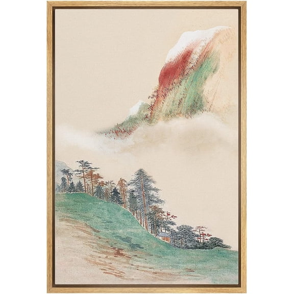 IDEA4WALL Framed Canvas Wall Art Watercolor Pastel Mountain Pine Trees Illustrations Retro Art Pastel Nature Wilderness Vintage Print Relax/Calm for Living Room, Bedroom, Office - Natural 24"x36"