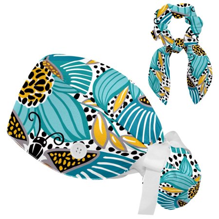 

Working Cap with Buttons and Sweatband Scrub Hat Bouffant Caps with Scrunchie Butterfly Tie Back Hats