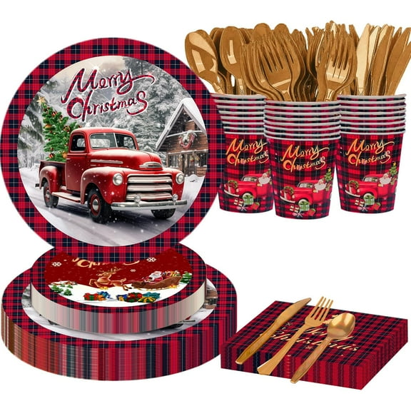 168 Pcs Christmas Disposable Dinnerware Set AFN1Xmas Tree Truck Red Plaid Christmas Party Supplies Paper Dinner Dessert Plates Napkins Cups with Knife Fork Spoon for Xmas Holiday Housewarming