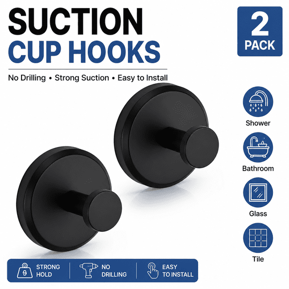 Suction Cup Hooks for Shower & Bathroom Towel Holder 2-Pack – Suction Cups Hooks for Hanging Towels, Robes, & Coats - Tiles, Glass Door or Mirror – Shower Hooks & Towel Hooks Organizer - Black