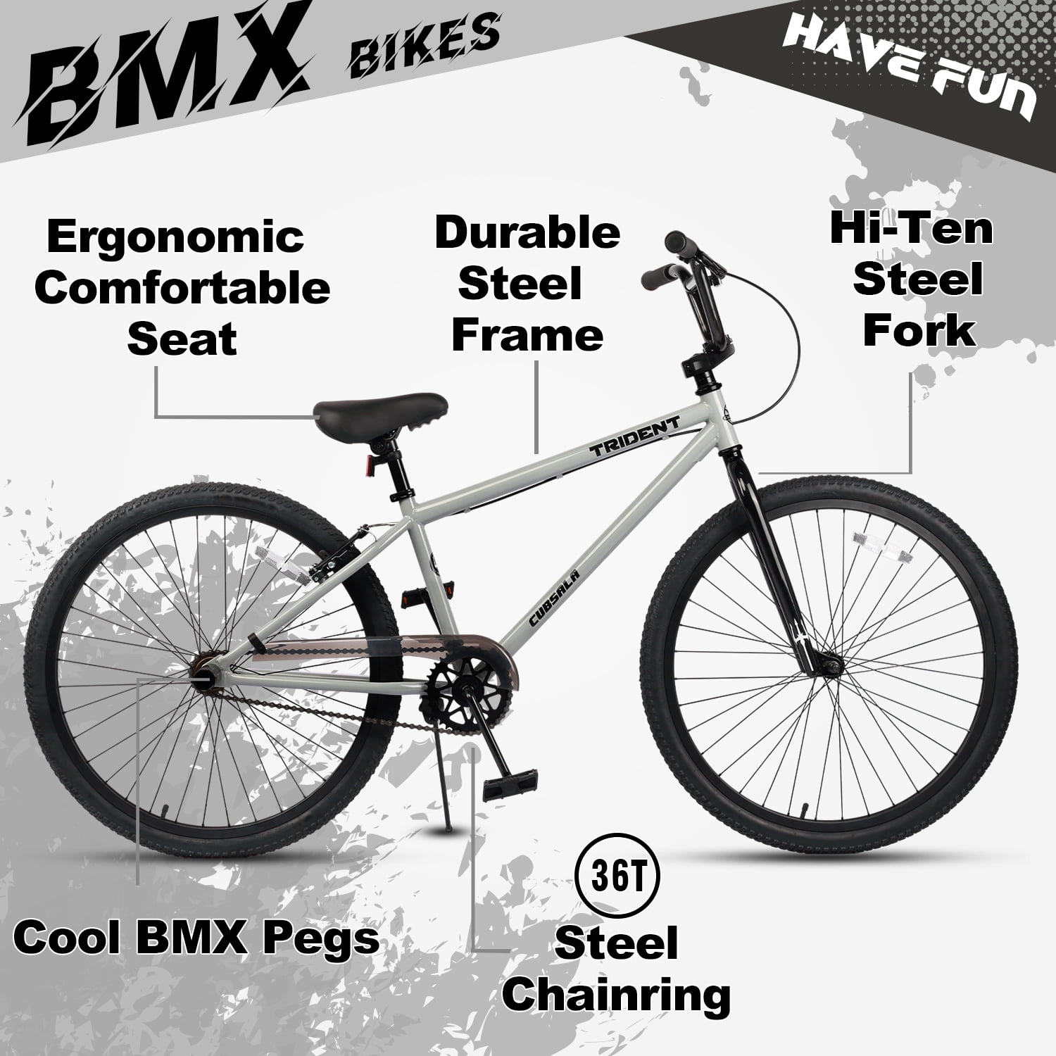 cubsala 26 Inch BMX Race Bike Trident Bicycles Beginner-Level to Advanced Riders with 2 Pegs Trick Cycling and Professional BMX Riding, Gray