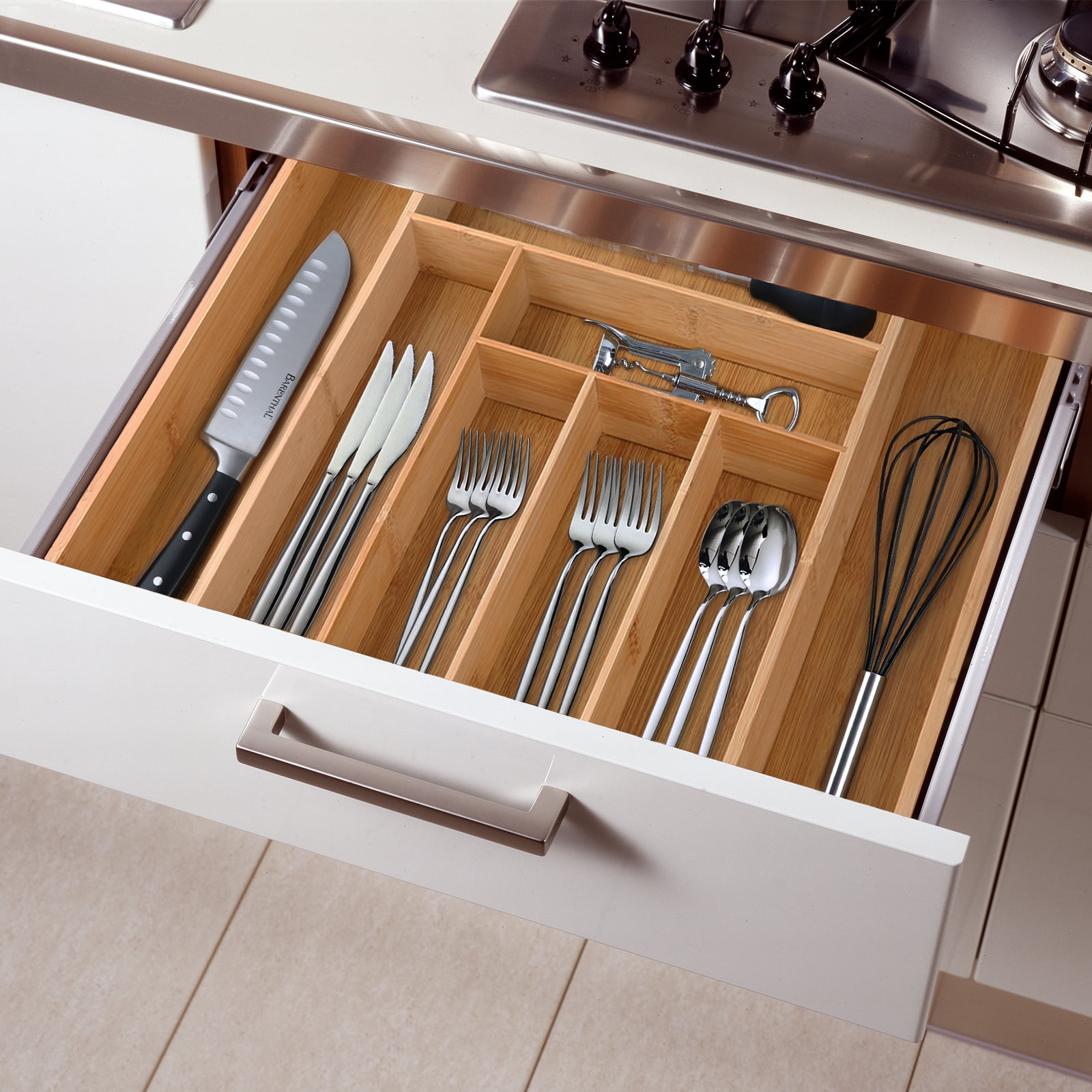 KitchenTrend 8 Slots Expandable Silverware Drawer Organizer, Adjustable Bamboo Kitchen Organizers and Storage