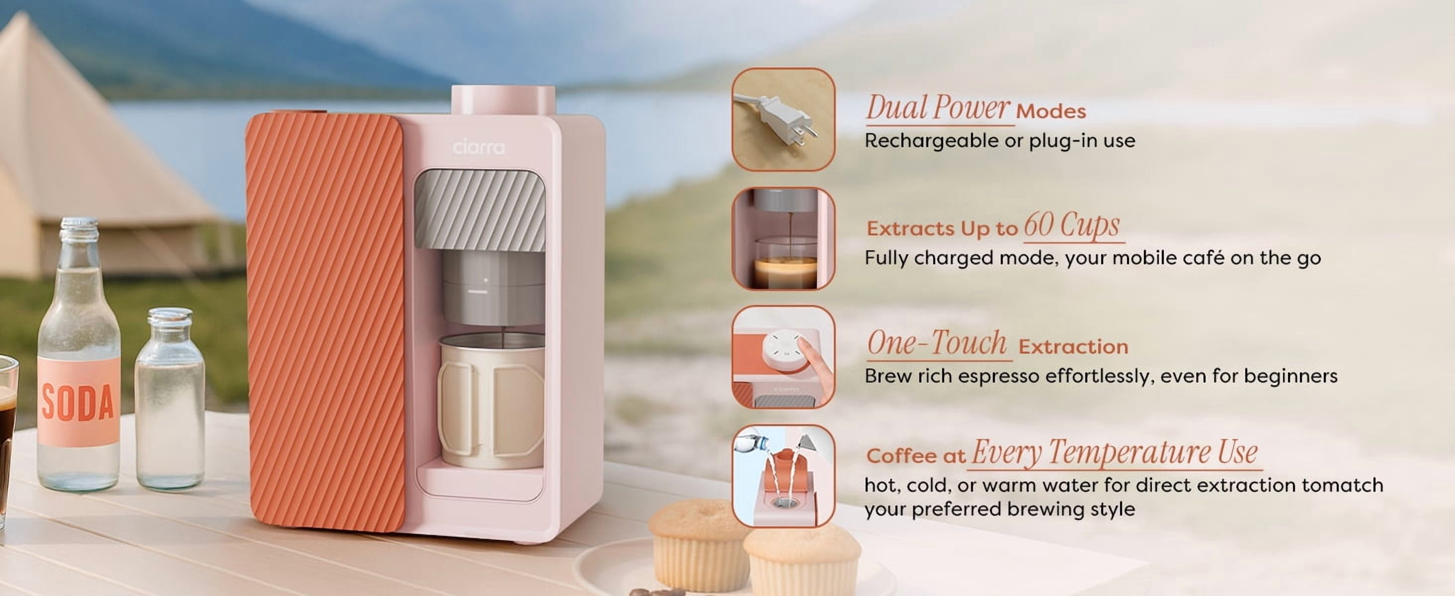Ciarra Bloombox Portable Espresso Maker, Dual Power (AC & Battery), 15-Bar Mini Coffee Machine