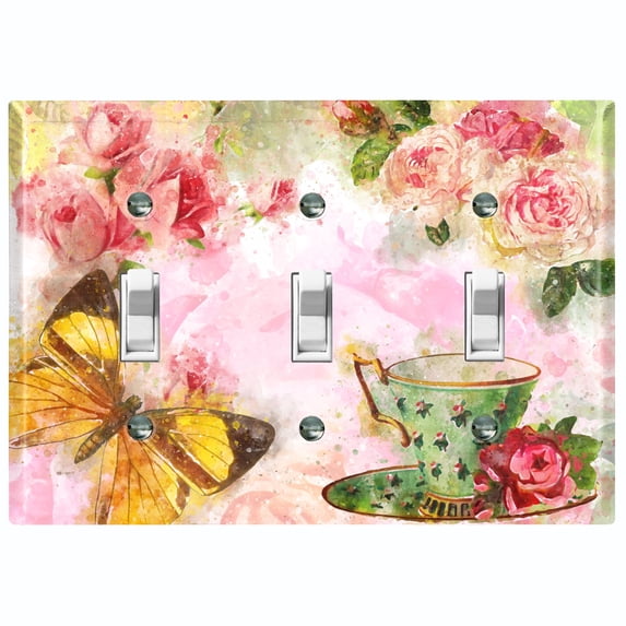 Metal Light Switch Plate Outlet Cover Flower Rose Teacup ROS005